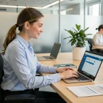 Nouvelle collaboratrice découvrant le portail RH hrforyou sur son ordinateur portable lors de son premier jour en entreprise