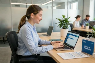 Nouvelle collaboratrice découvrant le portail RH hrforyou sur son ordinateur portable lors de son premier jour en entreprise