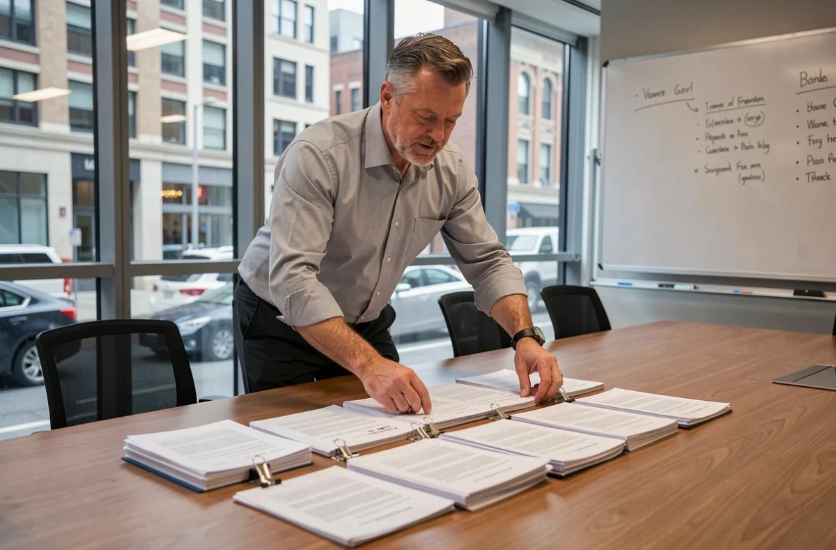 Homme organisant des pièces jointes et courriers administratifs sur une table de réunion pour une convocation formelle