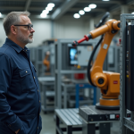Ouvrier d'usine observant un bras robotique moderne
