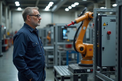 Ouvrier d'usine observant un bras robotique moderne