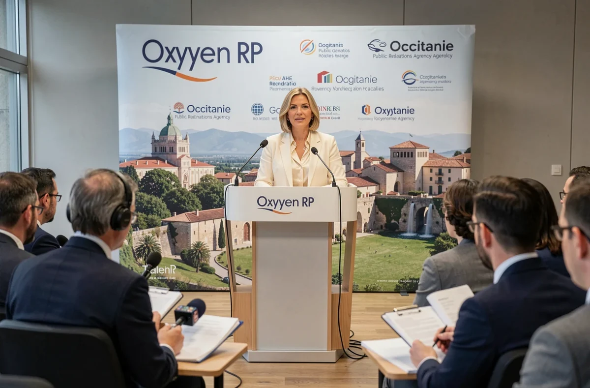 Attachée de presse d'Oxygen RP animant une conférence de presse dans une salle événementielle professionnelle à Toulouse