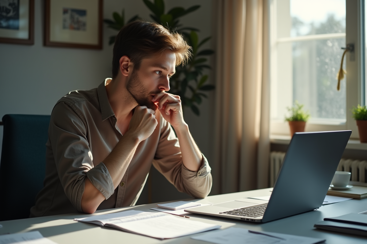 Personne seule réfléchissant à son travail avec papiers et ordinateur