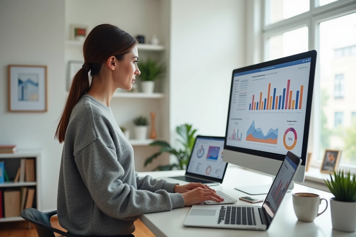 Femme entrepreneur utilisant une plateforme de pilotage digital depuis son bureau à domicile