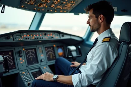 Pilote d'avion en cockpit Airbus A330 concentré sur écrans