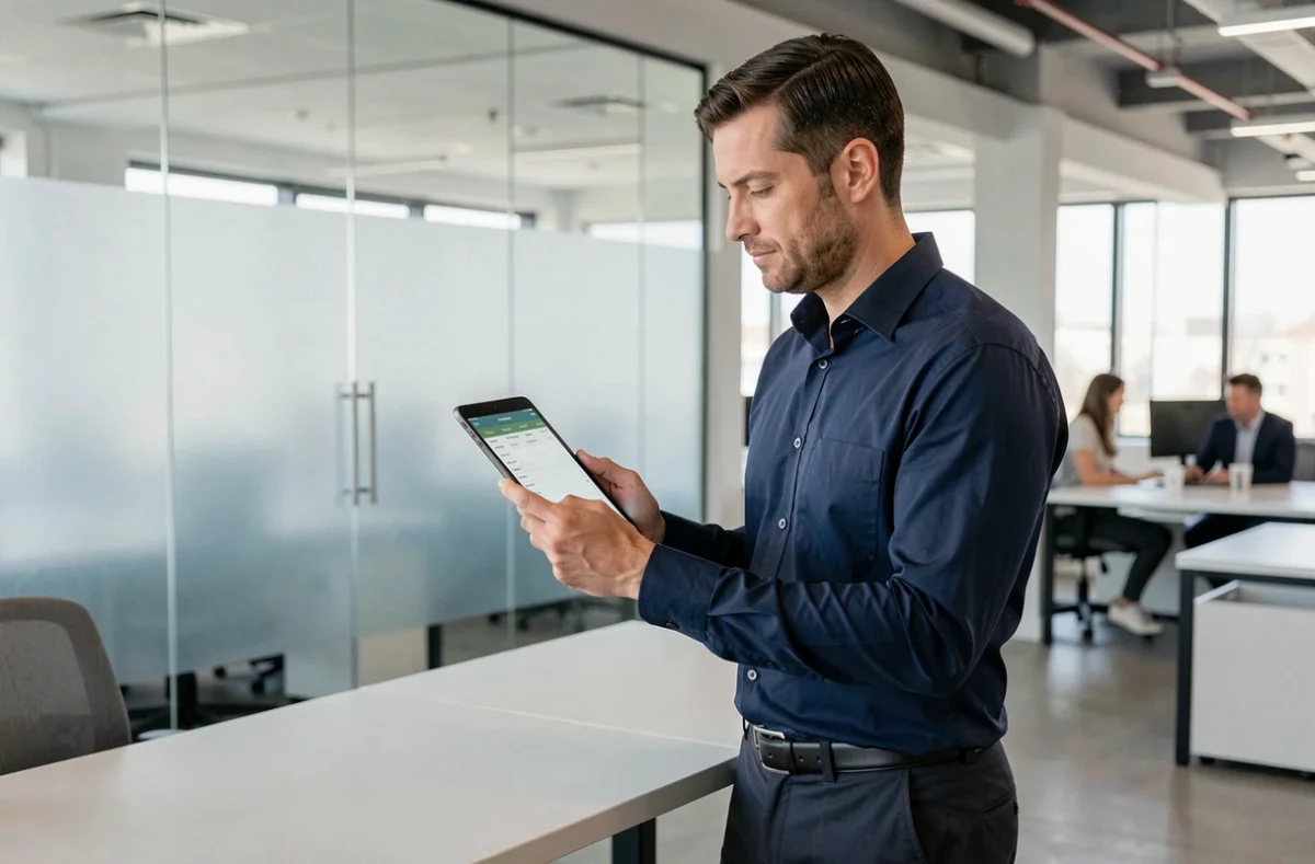 Manager en bureau open space consultant un planning hebdomadaire sur tablette en 2026