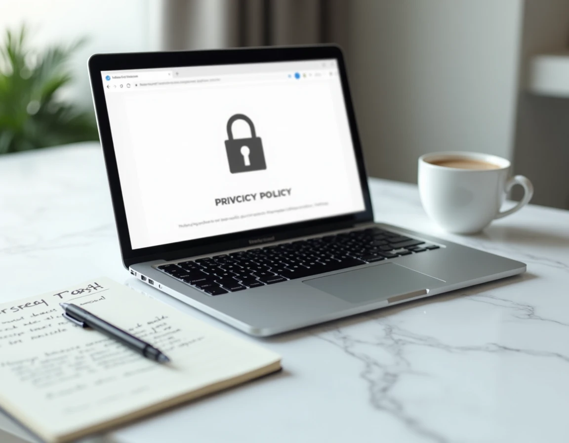 Ordinateur portable affichant une politique de confidentialité sur bureau en marbre, symbolisant la sécurité des données en ligne