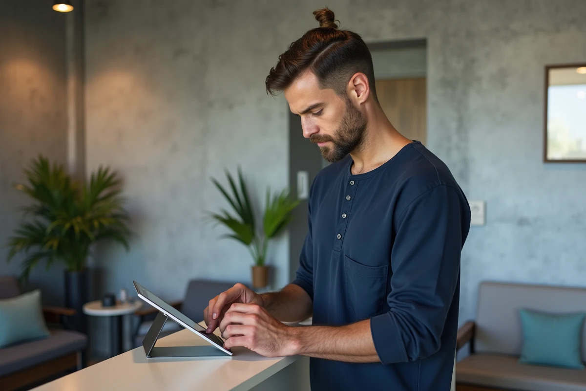 Praticien indépendant consultant son agenda de rendez-vous en ligne sur une tablette dans un studio de bien-être