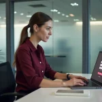 Employée Auchan effectuant sa première connexion sur le portail RH HR4YOU depuis son bureau professionnel