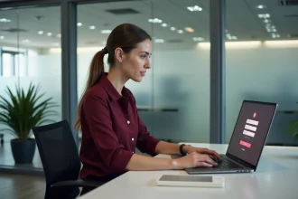 Employée Auchan effectuant sa première connexion sur le portail RH HR4YOU depuis son bureau professionnel