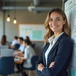 Professionnelle présentant un cadre stratégique en cinq étapes sur un tableau blanc en open space pour le lancement d'un nouveau produit