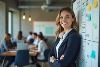 Professionnelle présentant un cadre stratégique en cinq étapes sur un tableau blanc en open space pour le lancement d'un nouveau produit