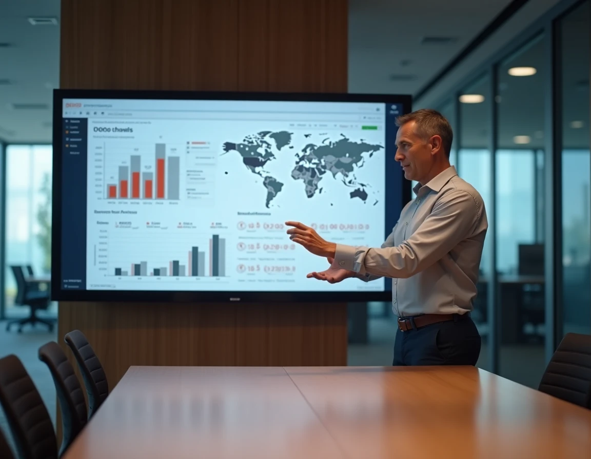 Homme présentant des indicateurs économiques territoriaux sur écran interactif lors d'une réunion professionnelle