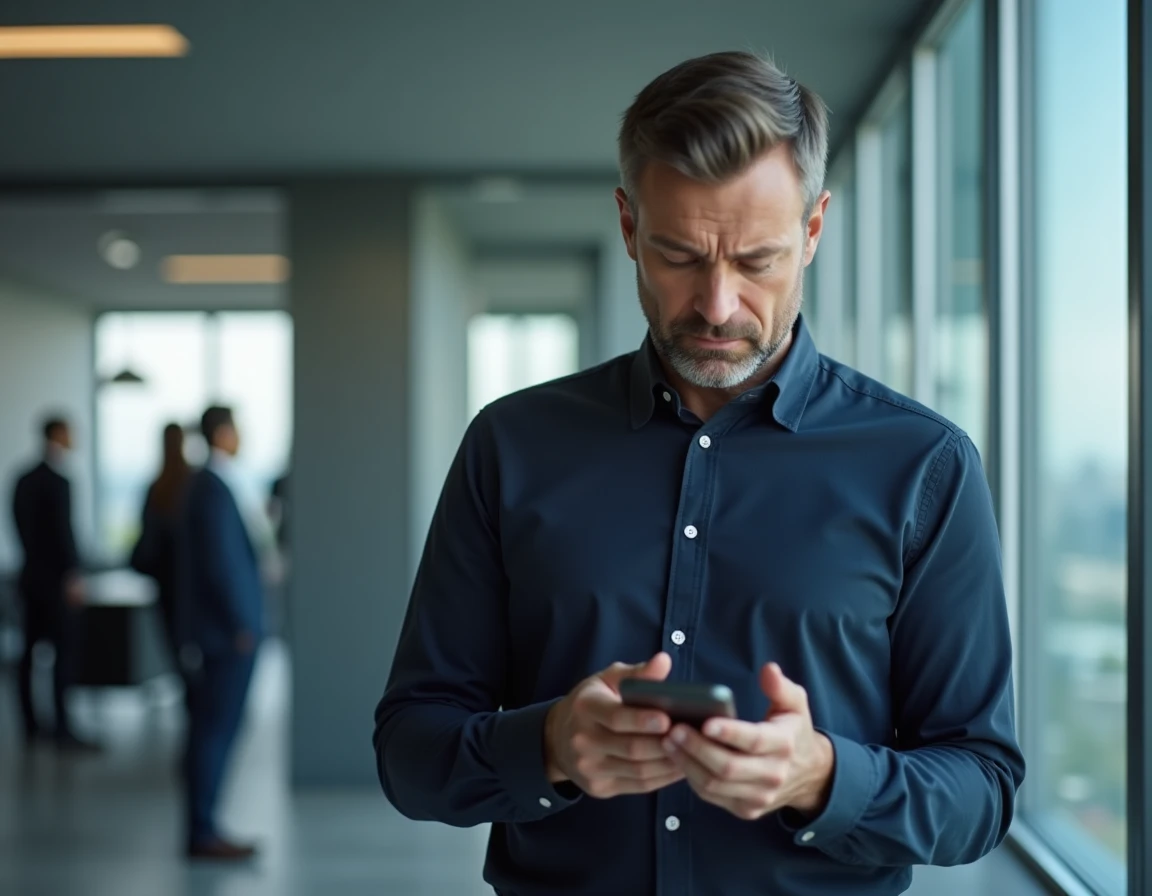 Homme en entreprise consultant son smartphone avec méfiance, questionnant la confidentialité de ses données personnelles