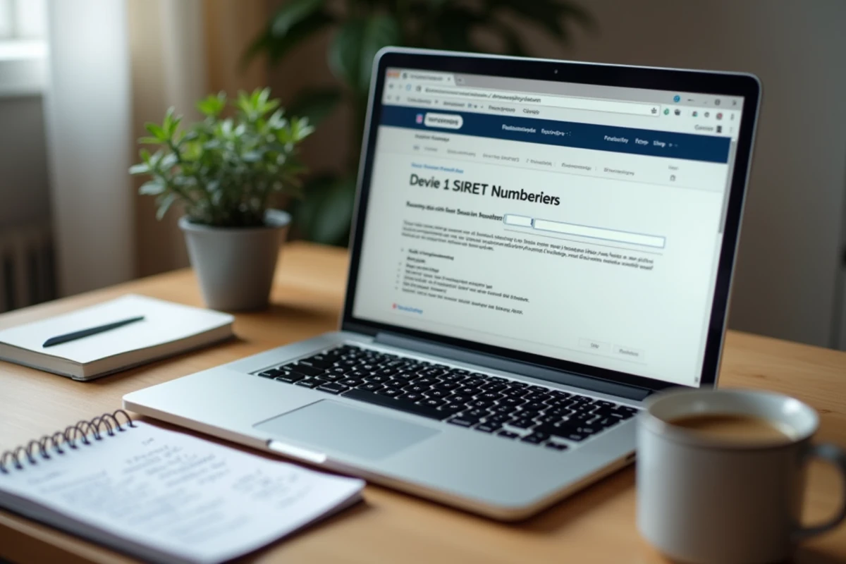 Écran d'ordinateur affichant une recherche de numéro SIRET sur le site officiel avec bloc-notes et café