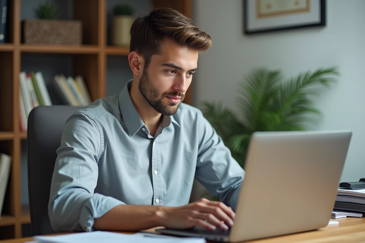 Jeune homme débutant rédigeant une lettre de motivation sur son ordinateur portable depuis son bureau à domicile