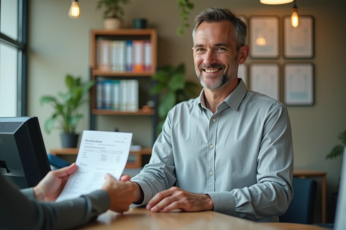 Comptable remettant un reçu de paiement à un client au comptoir d'un bureau professionnel