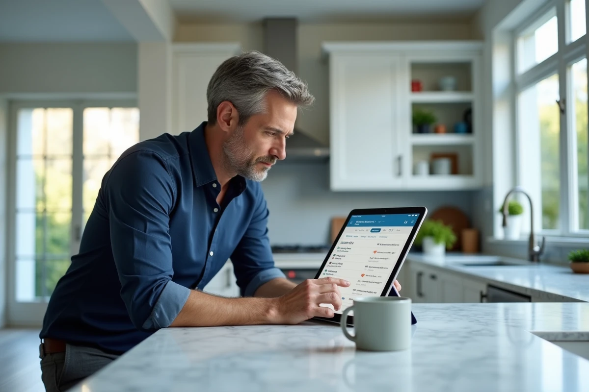 Homme utilisant une tablette pour accéder au portail de voyage intralignes Air France depuis sa cuisine