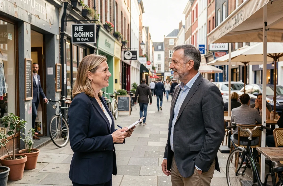 Chargée de développement commercial discutant avec un commerçant local dans une rue commerçante pour promouvoir une BIA