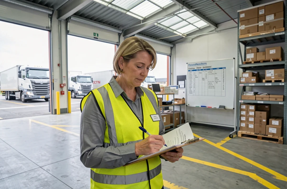 Responsable logistique féminine en gilet jaune consultant un tableau de bord dans un entrepôt de transport régional des Vosges