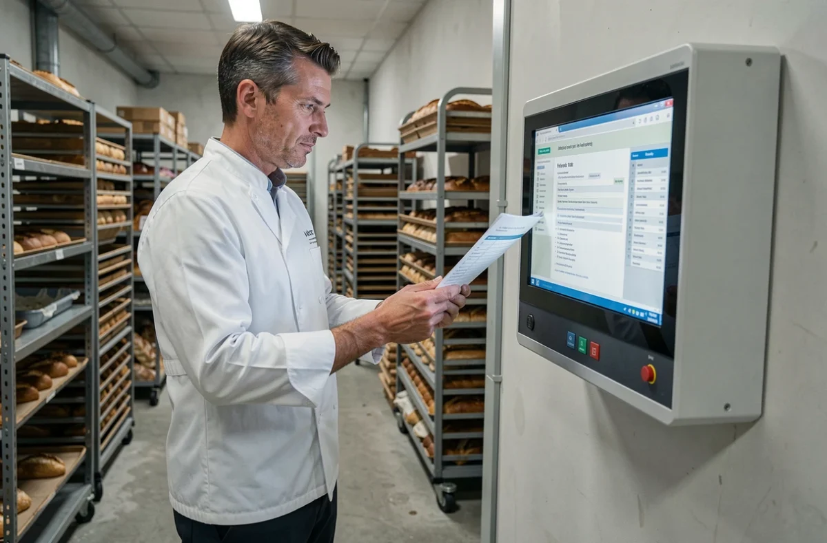 Responsable de magasin Marie Blachère consultant un document RH sur un terminal informatique en arrière-boutique