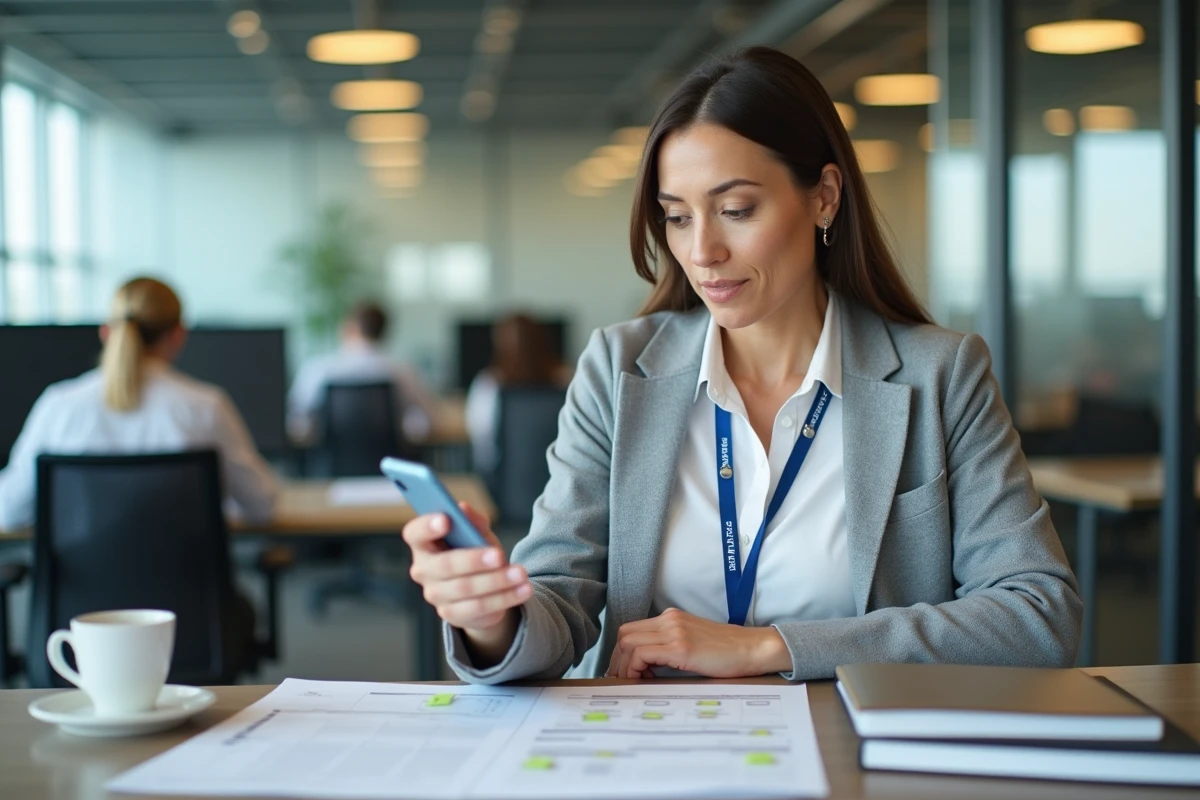 Responsable de maintenance comparant un planning papier et une application mobile CMMS dans un bureau d'entreprise moderne