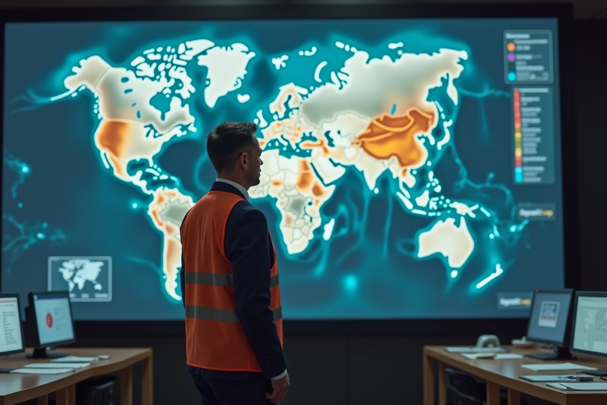 Responsable d'urgence en costume et gilet de sécurité devant une carte des zones de catastrophe