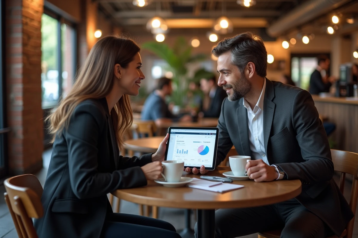 Deux professionnels discutant de conseils business autour d'un café pour tirer parti des meilleures stratégies sans dispersion
