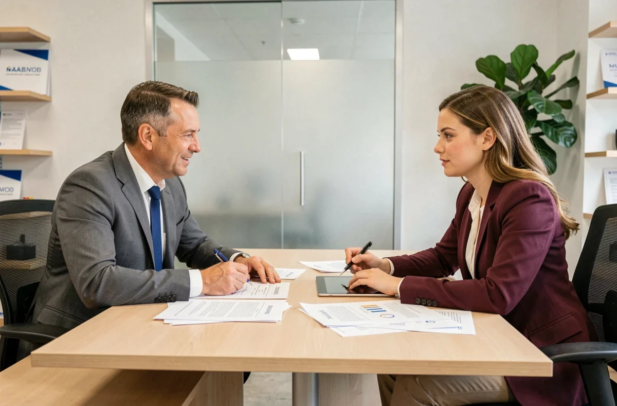 Réunion d'accompagnement entrepreneurial entre un consultant et une entrepreneuse dans un bureau professionnel moderne, discussion autour d'une stratégie de développement