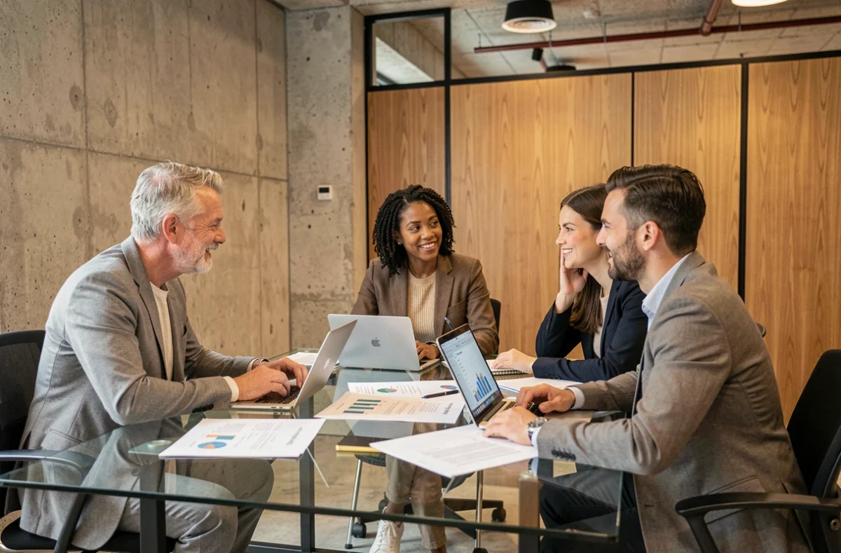 Équipe de professionnels en réunion stratégique dans un espace de coworking à Toulouse