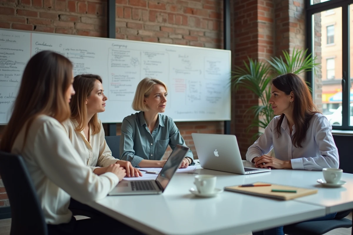 Groupe de professionnels en discussion dans une salle de réunion