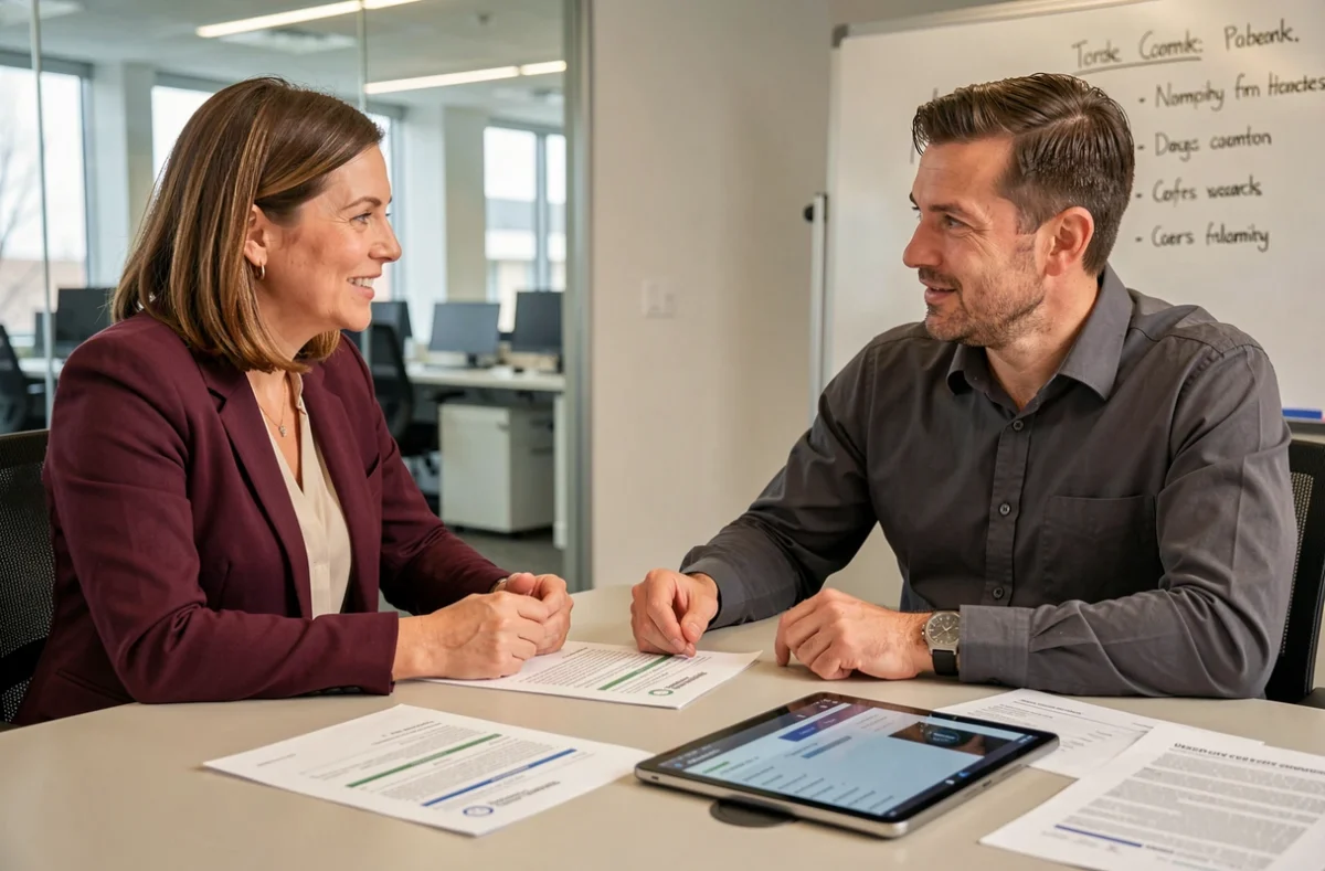Deux professionnels RH en réunion analysant des rapports d'évaluation de carrière sur une plateforme numérique