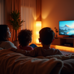 Salon familial en soirée avec télévision allumée et famille