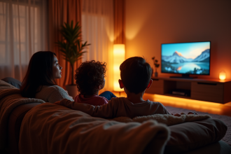 Salon familial en soirée avec télévision allumée et famille