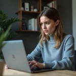 Femme vérifiant la fiabilité et la sécurité d'un site web sur son ordinateur portable depuis son bureau à domicile