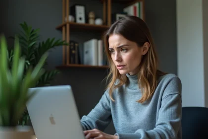 Femme vérifiant la fiabilité et la sécurité d'un site web sur son ordinateur portable depuis son bureau à domicile