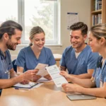 Soignants consultant une fiche de paie dans une salle de pause d'hôpital