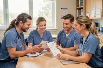 Soignants consultant une fiche de paie dans une salle de pause d'hôpital