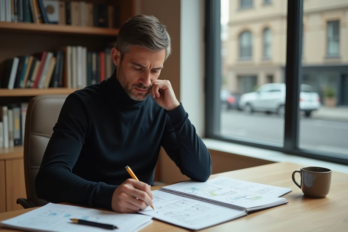 Spécialiste en stratégie concentré sur l'analyse de documents dans un bureau épuré, reflet d'une expertise reconnue