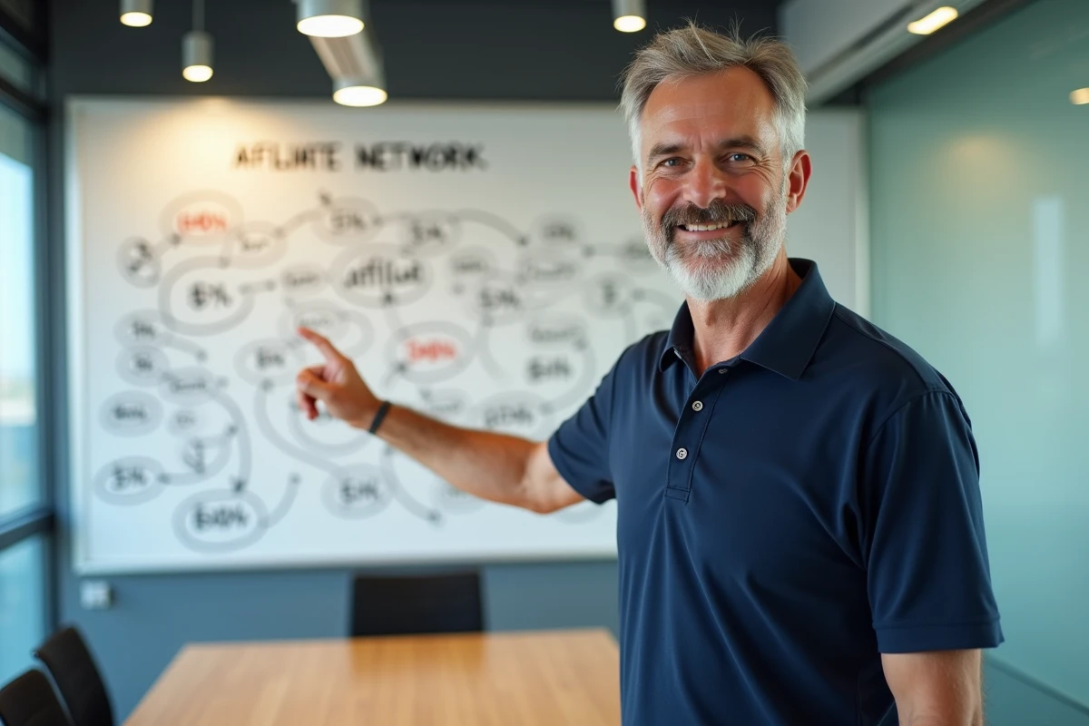 Consultant en marketing digital présentant une stratégie d'affiliation avec schémas de tunnel de conversion sur tableau blanc