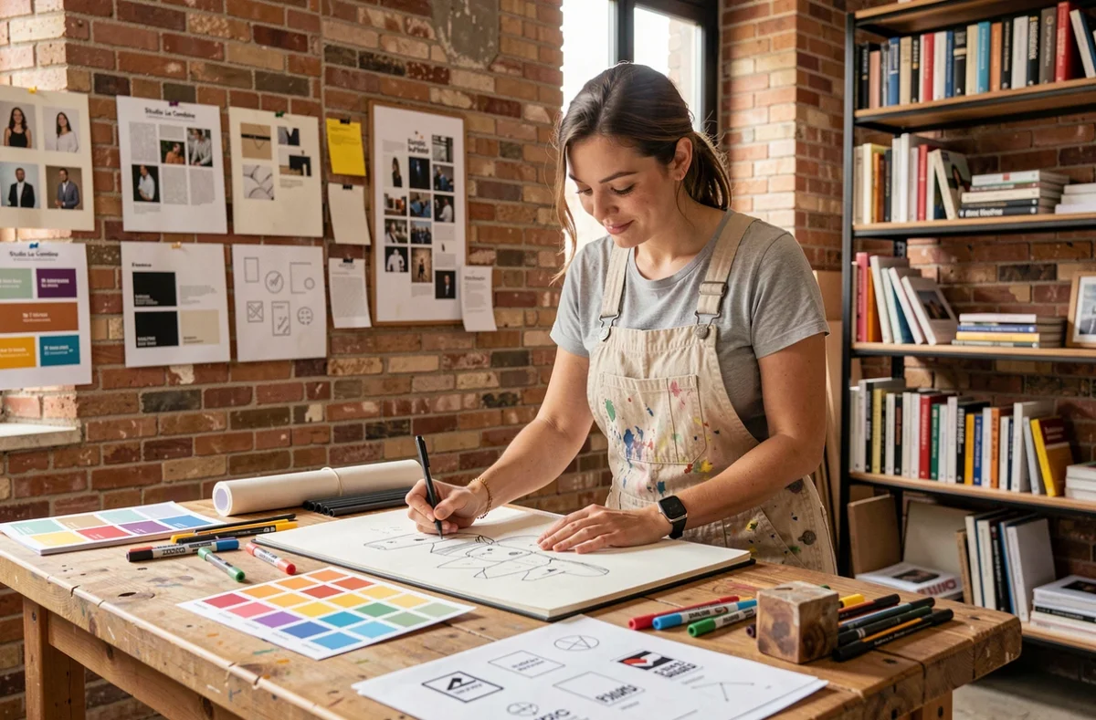 Designer de Studio La Combine travaillant sur une identité visuelle dans un atelier créatif en briques à Montpellier