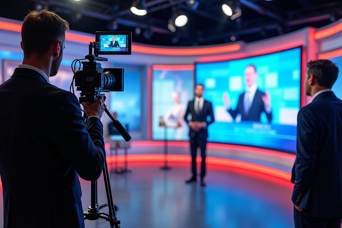 Studio de télévision lumineux avec animateur et écran publicitaire