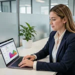 Femme professionnelle consultant son tableau de bord de carrière sur un logiciel RH en entreprise