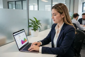 Femme professionnelle consultant son tableau de bord de carrière sur un logiciel RH en entreprise