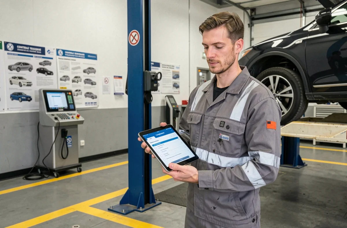 Technicien de contrôle technique consultant une checklist de conformité réglementaire sur tablette dans un centre Sécuritest