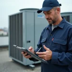 Technicien terrain utilisant une tablette numérique pour remplacer les formulaires papier lors d'une intervention de maintenance sur toiture