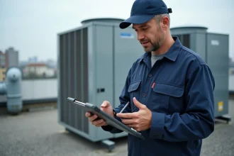 Technicien terrain utilisant une tablette numérique pour remplacer les formulaires papier lors d'une intervention de maintenance sur toiture