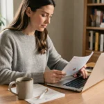 Femme en télétravail consultant un calendrier 2026 à son bureau à domicile
