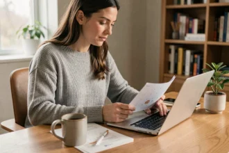 Femme en télétravail consultant un calendrier 2026 à son bureau à domicile