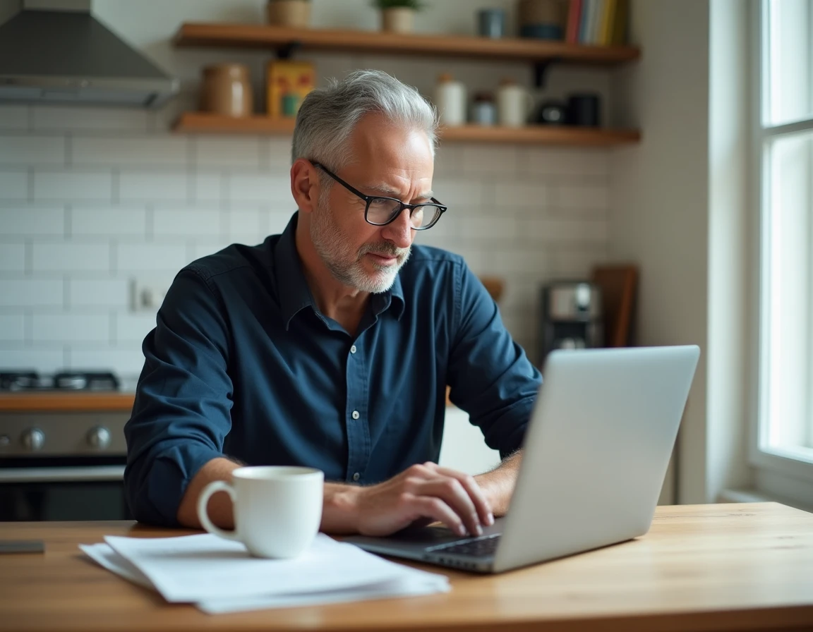 Homme en télétravail consultant ses droits à congés trimestriels et son contrat à temps partiel sur ordinateur portable